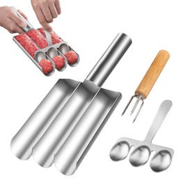 Stainless Steel Meatball Maker, Meatball Ball Maker Tool, Triple Meatball Maker Stainless Steel with Cutting Spade, Non-Stick Meatball Machine with Fork for Making Sorbet, Pills