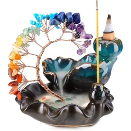 ZONSUSE Ceramic Lake Waterfall Incense Burner, 7 Chakra Crystal Tree Backflow Incense Burners, Chakra Crystal Incense Holder for Sticks and Cones (Crystal Tree)