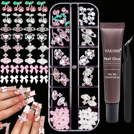 YAEISM Silver Nail Charms Kits 6 Types Heart Nail Charms Crystal Pink Cherry Bowknot Nail Charms Sparkle Planet Charms with Glue Gel, Tweezer for Nail Art and DIY Crafts Decoration