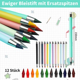 Tarqite Swify Magic Colouring Pencil, Eternal Pencil Set with 12 Erasers & Replacement Tips, Inkless Pencil, Reusable for Children, Students, Adults, School, Office, Pack of 12
