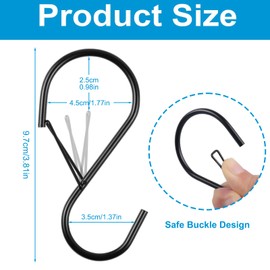 volumoon S Hooks, Pack of 8 Heavy Duty Hooks with Safety Buckle for Hanging, Large Metal S Hooks for Bedroom, Multifunctional Hanging Hook for Bedroom, Bathroom, Kitchen (Black)