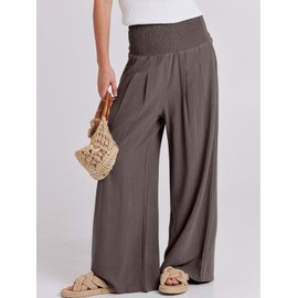 ANRABESS Women Linen Palazzo Pants Summer Boho Wide Leg High Waist Casual Lounge Pant 2025 Beach Travel Vacation Outfits Coffee Medium
