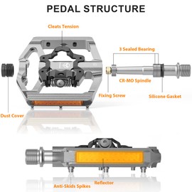 GEWAGE Bicycle Pedals, Flat Double Function and SPD Pedal with Reflectors, Flat Platform with 3 Bearings, 9/16 Inch Aluminium Click Pedals with Cleats for Road Bike, MTB (Sliver)
