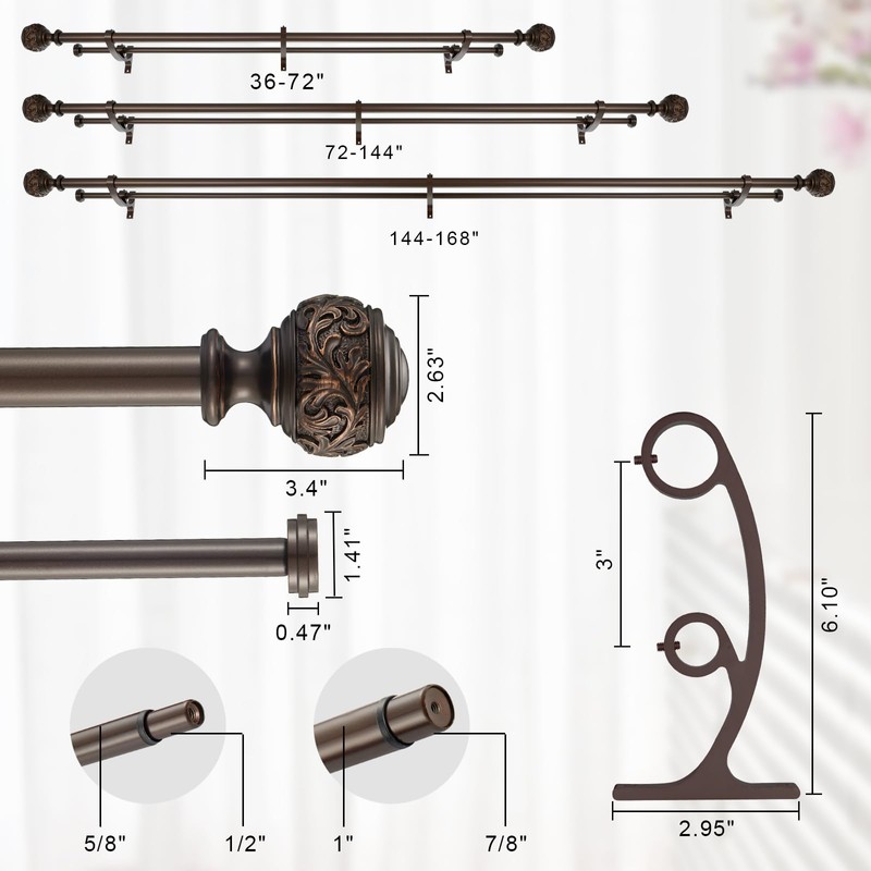 Double Curtain Rod, 1 inch Window Telescoping Drapery Double Rod