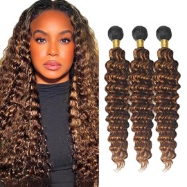 Highlight Brown Human Hair Bundles Ombre Brown Bundles #4 Deep Wave Bundle 16 18 20 inch P4/30 Deep Wave Bundle