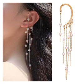 Inilbran Boho Pearl Tassel Chain Cuff Earrings Pearl Ear Climber Cartilage Earrings Long Pearl Necklace Drop Earrings Gold Ear Cuff Wrap Crawler Earrings Jewellery for Women and Girls, Pearl