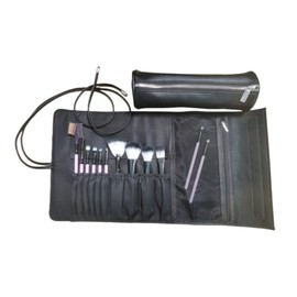 Easyhouse Makeup Brush Storage Bag, Cosmetic Brush Storage Bag, PU Leather, Large Capacity, Waterproof, Storage Pouch, Storage Pouch, 10 Storage Pouch, Wrap Type, Stylish, Business Trips, Travel, Black, Black