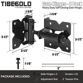 Self Closing Gate Hinges, Heavy Duty Hardware for Outdoor Vinyl/Woodn Fence Gates, 90 Degree Adjustable Gate Hinges Kit, Black Self Closing Hardware with Screw Kits and Swing Adjuster Tool, 2 Pack