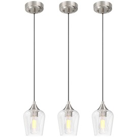 VONLUCE Pendant Lights Kitchen Island, Brushed Nickel Pendant Light Fixtures with E26 Base & Adjustable Cable, Modern Pendant Lighting with Glass Shade for Living Room Bedroom Hallway, 3 Packs