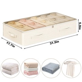 CertBuy 3 Pack Under Bed Storage Containers, Under the Bed Storage with 5.9 Inch Tall, Beige, With handle and transparent lid, Cotton Linen Underbed Organiser for Clothes, Blankets, Sweater