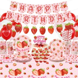 KEFAN Strawberry Birthday Party Decorations, Strawberry Theme Party Tableware Supplies including HAPPY BIRTHDAY Banner, Plates, Cups, Napkins, Tablecloth, Balloons for Strawberry Birthday Party (L)