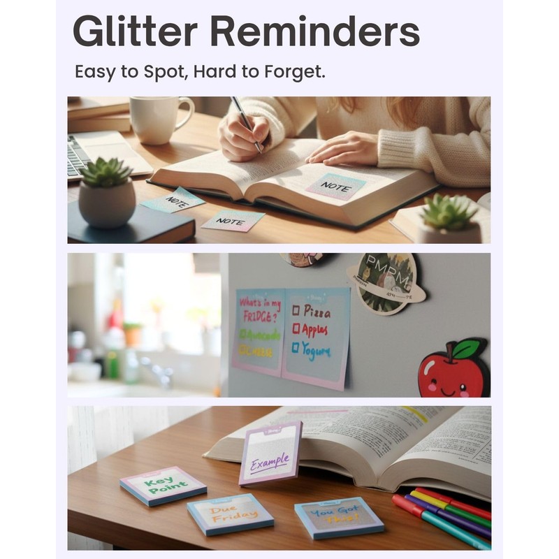 200pcs Glitter Sticky Notes, Transparent Sticky Notes with Pink Blue