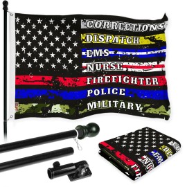UD_G128 Combo Pack: 6 Ft Tangle Free Aluminum Spinning Flagpole (Black) & Thin Line First Responders American Flag 3x5 Ft, LiteW