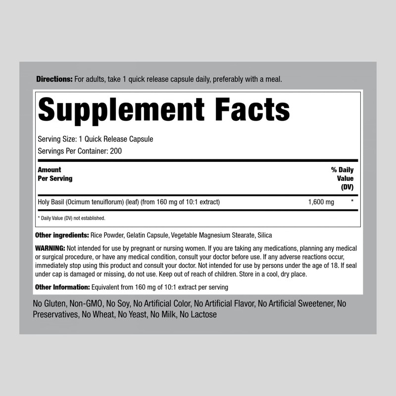 Piping Rock Holy Basil Extract 1600mg | 200 Capsules |