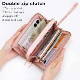 ZLLkeji Women's Fashion Purse PU Leather Long Purses Flowers Zip Purse Lots of Card Slots for Dating Shopping Party, pink, Classic