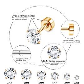 MILACOLATO 6 Pairs 18G Hypoallergenic Earrings Stainless Steel for Women Men Cartilage Helix Earrings Set Round Cubic Zirconia Earrings