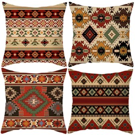 HOSTECCO Aztec Tribal Cushion Covers 45x45 cm Pack of 4 Ethnic Geometric Cushion Cases Western Decorative Pillow Cases for Sofa Bed
