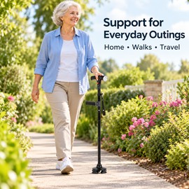 Folding Walking Cane with LED Light & Alarm – Adjustable 33.9–38.2 in, 4-Foot Base & Side Handle