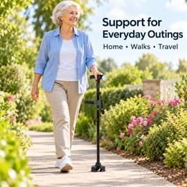 Folding Walking Cane with LED Light & Alarm – Adjustable 33.9–38.2 in, 4-Foot Base & Side Handle