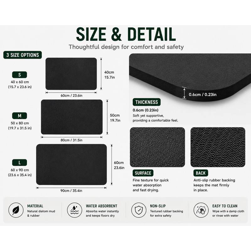 Black Non-Slip Floor Mat 40cm x 60cm - Durable and
