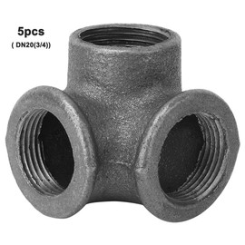 5 pieces malleable cast iron 3 way pipe fitting joint 90 degree side outlet elbow water pipe adapter connections (3/4 inch)