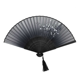 Japanese Style Silk Fabric Craft Fan, Printed, White Plum, Black Ribs, Foldable, Heat Protection, Festivals, Father's Day, Gift, Birthday, Dance, Decorative, Japanese Clothing, Kabuki Accessories,