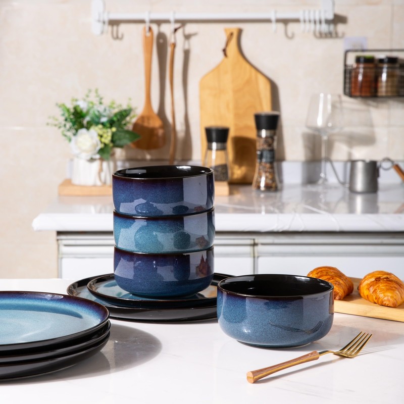 LeRatio Ceramic Dinnerware Sets for 6,Porcelain Plates and Bowls Sets,Handmade