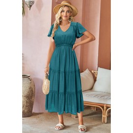 VOTEPRETTY Women's Fashion Summer Boho Dresses Short Sleeve V Neck Hawaiian Beach Casual Flowy Party Peacock Maxi Dresses for 2025(Green,XXL)