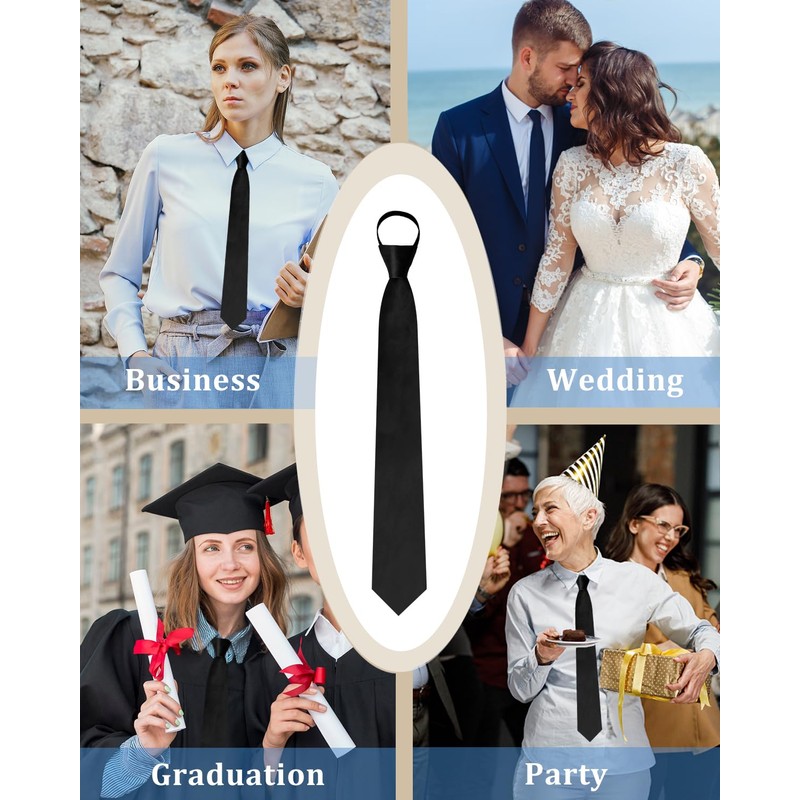 Luckyvestir Black Tie for Women, Pre-Tied Adjustable Zipper Ties, 2.75"