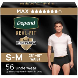 Depend Real Fit Adult Diapers, Incontinence Underwear for Men, Disposable, Maximum Absorbency, Small/Medium, Black, 56 Count (2 Packs of 28), Packaging May Vary