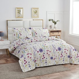 Ycosy Floral Quilt Sets King Size Country Bedspread Coverlet King Lightweight Floral Quilt Bedding Summer Reversible Quilts Green Leaves Purple Floral Bedspread Home Bedding Collections