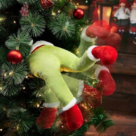 Green Elf Christmas Tree Decorations, Christmas Animatronics Green Monster Stuck in Xmas Tree Topper Decor, Whimsical Plush Elf Swinging Legs Ornaments for Holiday Party Mantel Wreath Gifts