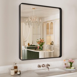 ISTRIPMF Black Metal Framed Bathroom Mirror for Wall,28X32 Inch Rounded Rectangle Mirror,Matte Black Bathroom Vanity Mirror Farmhouse,Anti-Rust,Tempered Glass,Hangs Horizontally or Vertically