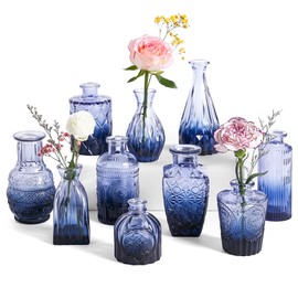 PURVONNIE Small Vases for Flowers Set of 10, Small Vases for Centerpieces, Mini Bud Vases in Bulk, Small Flower Vases for Wedding Decorations (Blue)