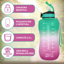 THE STEEL BOTTLE - Motivational Water Bottle 2.2 Litres with Straw and Time Slots - BPA and Phthalate Free - Airtight Bottle - Ideal for Sports, Gym Camping (Pink & Green)