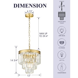 KLKLCH Small Chandelier Light Fixture, Gold Crystal Pendant Light, 3 Tiered 12" Modern Mini Hanging Lights, Vintage Chandeliers for Bedroom Dining Room Kitchen Island Entryway Living Room Foyer