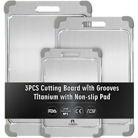 ZYBIDEAL 3Pcs 100% Pure Titanium Cutting Board with Grooves, Update Double Side Titanium Chopping Board, Silicone Anti-slip Stainless Cutting Boards Set for Kitchen, Grey