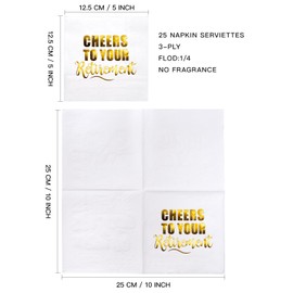 WRAPAHOLIC 25Pcs Retirement Cocktail Napkins - 3-Ply White Gold Foil Cheer Retirement Disposable Paper Napkins for Retirement Party, Tableware Party Supplies, Holiday - 5 x 5 In