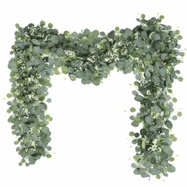 2 Pcs Eucalyptus Garland with White Gypsophila,5.9FT Artificial Greenery Garland Fake Vines Eucalyptus Garland for Wedding Centerpiece Table Party Indoor Outdoor Wall Decor