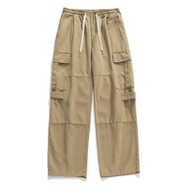 Oaovo Men's Cotton Cargo Pants Mulit Pockets Drawstring Waisted Loose Straight Trousers Khaki 31