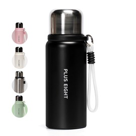 pluseight Stainless Steel Drinking Bottle, 600 ml, Leak-Proof Stainless Steel Bottle with Straw and Lid for School, Children, Women, Men, Leak-proof and Sweatproof with Anti-Dust Lid (Black)