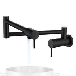 Senhozi Pot Filler Matte Black, Commercial Wall Mount Kitchen Sink Pot Filler Faucet with Double Joint Swing Arms, Black Kitchen Faucet Wall Mount Over Stove for Kitchen Restaurant and Home.