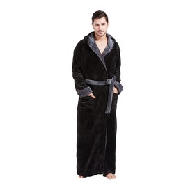 FashGudim Mens Hooded Plush Bathrobe Full Length Fluffy Bathrobe for Big and Strong Men Warm Fleece Bathrobes, black/grey