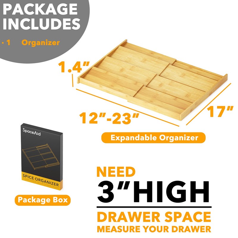 SpaceAid Bamboo Spice Drawer Organizer, (Need 3" Deep Drawer) Expandable