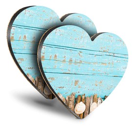 Destination Vinyl ltd Great Coasters (Set of 2) Heart - Seaside Drift Wood Sea Shells Drink Glossy Coasters/Tabletop Protection for Any Table Type #15789