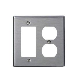 Leviton 2-Gang, 1-Decora, 1-Duplex Receptacle Stainless Steel Midway Wallplate, SJ826-40, Stainless Steel with Blue Plastic Cover