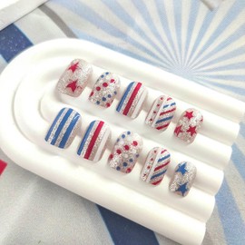 4th of July Press on Nails Short Square Fake Nails with Glitter Stars Designs Silver Nails Press ons Red Glue on Nails Independence Day False Nails Blue Acrylic Nails Stick on Nails for Women 24Pcs