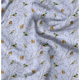 Soimoi Blue Cotton Poplin Fabric Leaves & Flowerpecker Bird Print Fabric by the metre 42 Inch Wide