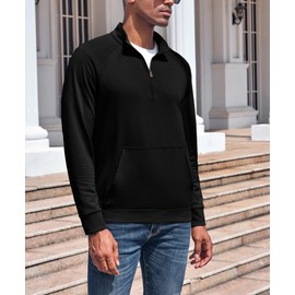 ZIWOCH Mens Quarter Zip Pullover Sweatshirt Long Sleeve Cotton Outdoor Hoodies with Pocket Black