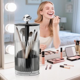 Makeup Brush Holder Organizer with Lid,One Touch Open 4 Slot Makeup Brush Case with Waterproof Dustproof,Clear Makeup Organizer for Vanity Desktop (Black)